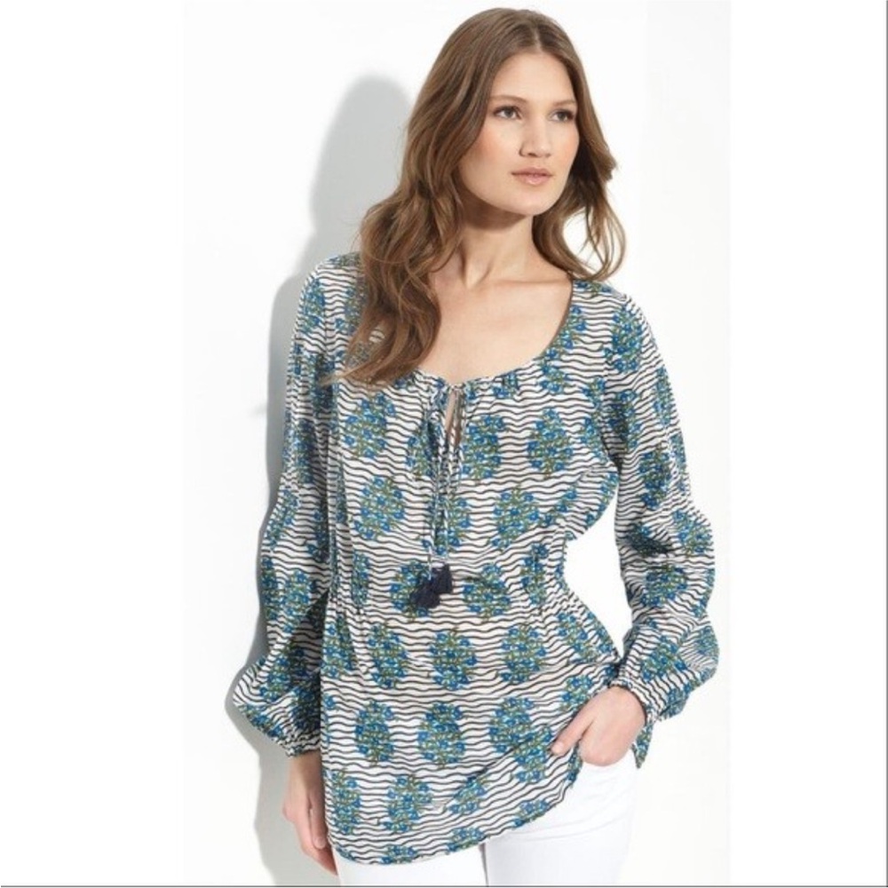 193 Tory Burch Blue Floral Striped Blouse Size 6 Designer Top